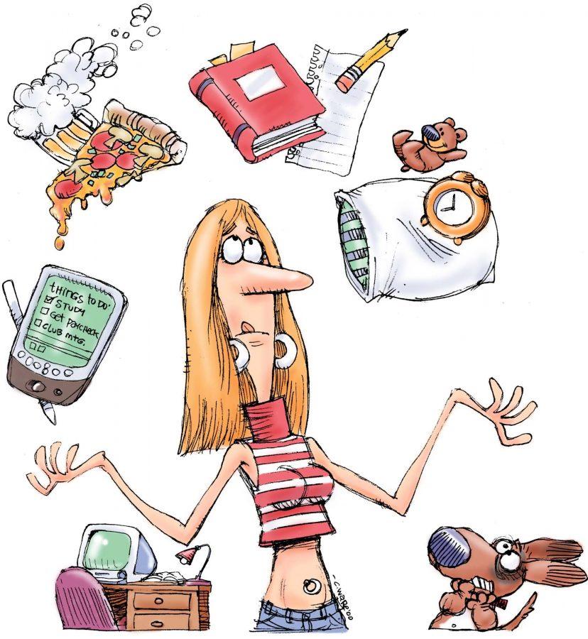 300 dpi 3 col x 7 in / 164x178 mm / 558x605 pixels Chris Ware color illustration of a young woman juggling things she needs to fit into her schedule: sleeping, eating, studying, etc. Lexington Herald-Leader 2001