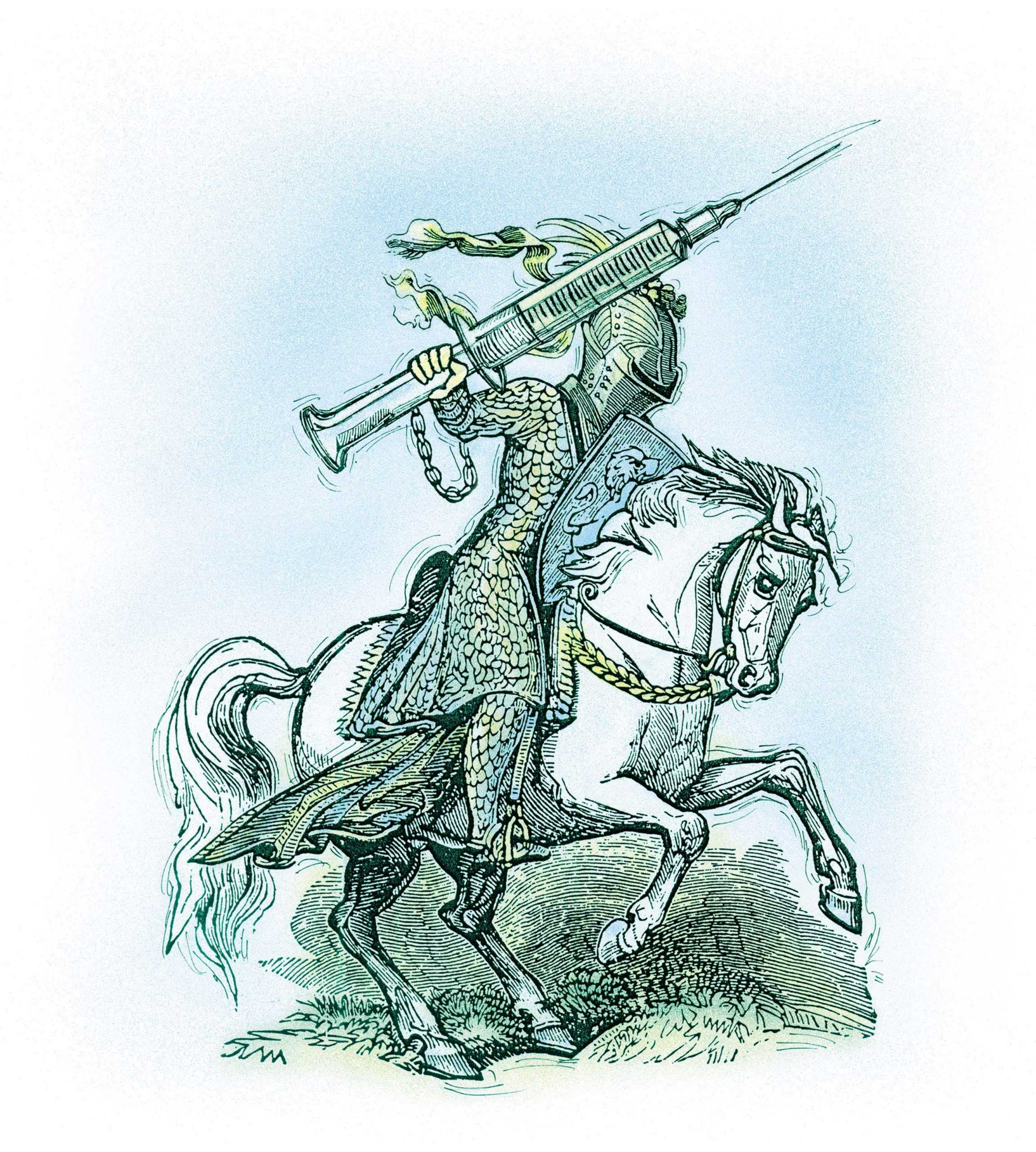 200 dpi 5 col x 10.75 in / 246x273 mm / 837x929 pixels Julie Notarianni color illustration of a knight riding a stallion with a large flu shot syringe. The Seattle Times 1999 

With FLU, The Seattle Times by Judith Blake