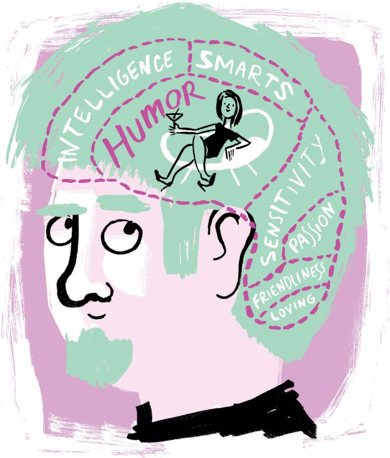 300 dpi Gabi Campanario color illustration of man looking up into his own head to see the woman of his dreams seated in the humor section of his brain marked with traits attractive to the opposite sex: humor, intelligence, sensitivity, etc. The Seattle Times 2008

funny guy illustration men male brain guys women attraction attractive traits brain personality dating sex martini humor sensitivity passion loving love marriage romance smarts people 08003001, ODD, PEO, HUM, krtfeatures features, 08003000, 08000000, krt, krthumaninterest human interest, mctillustration, advice se contributed coddington campanario mct mct2008