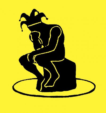The logo of the lilting banshees: a silhouette of The Thinker in a jesters cap against a yellow background.