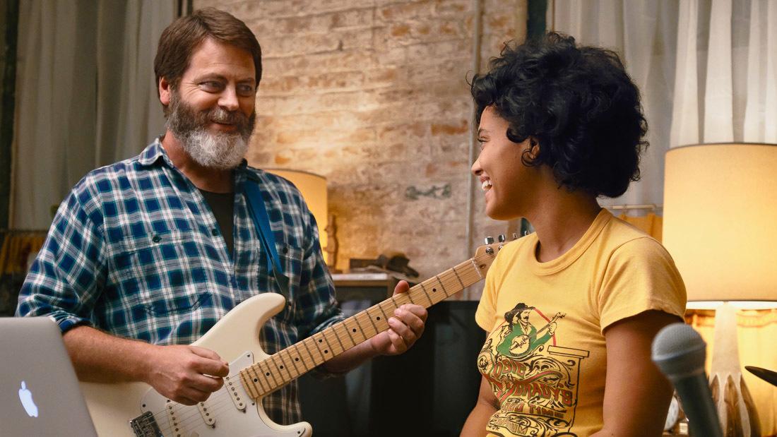 Nick Offerman and Kiersey Clemons appear in Hearts Beat Loud by Brett Haley, an official selection of the Premieres program at the 2018 Sundance Film Festival. Courtesy of Sundance Institute | photo by Jon Pack. All photos are copyrighted and may be used by press only for the purpose of news or editorial coverage of Sundance Institute programs. Photos must be accompanied by a credit to the photographer and/or Courtesy of Sundance Institute. Unauthorized use, alteration, reproduction or sale of logos and/or photos is strictly prohibited.