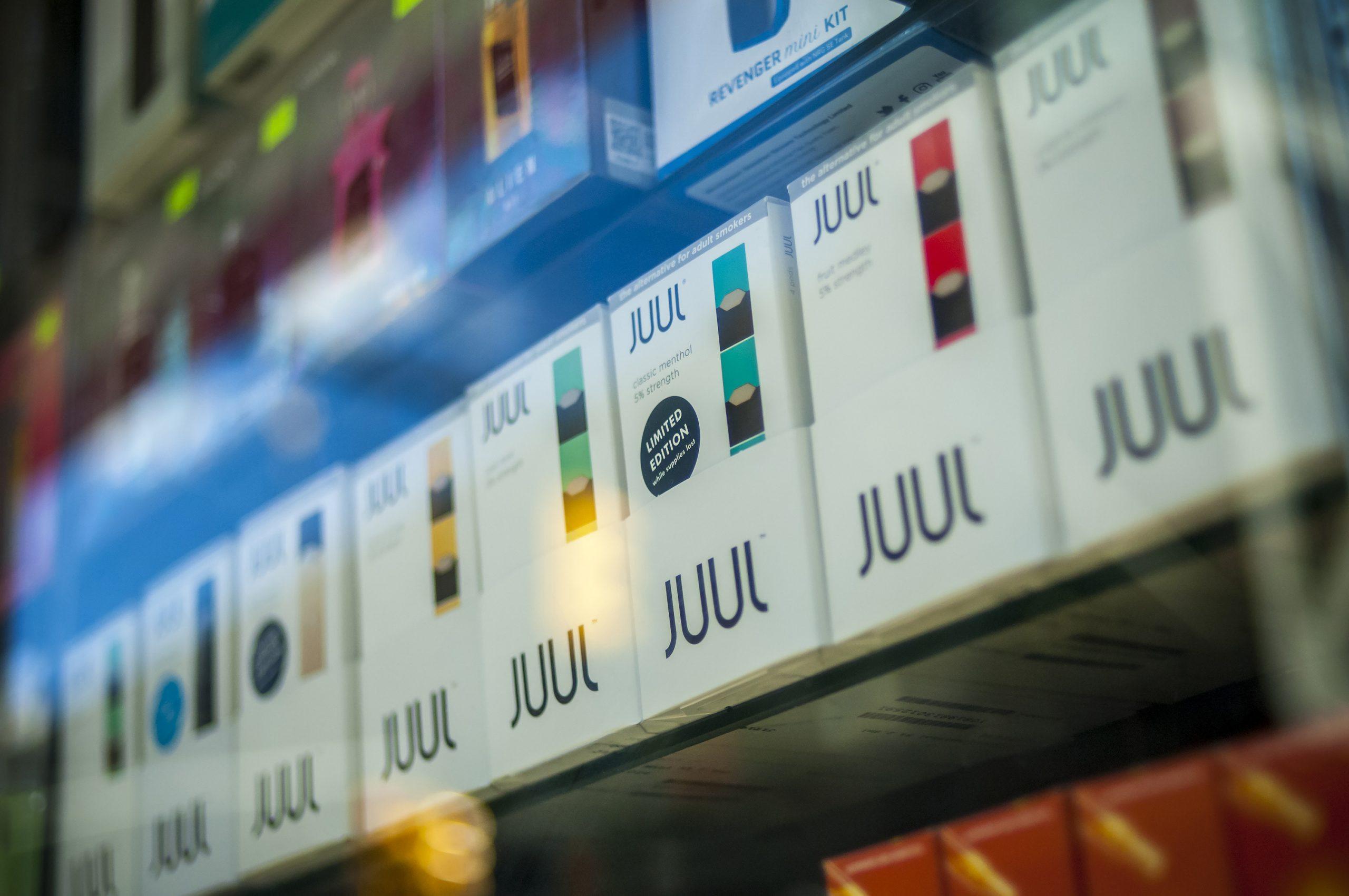 A selection of the popular Juul brand vaping supplies on display in the window of a vaping store in New York on Saturday, March 24, 2018. (Richard B. Levine/Sipa USA/TNS)