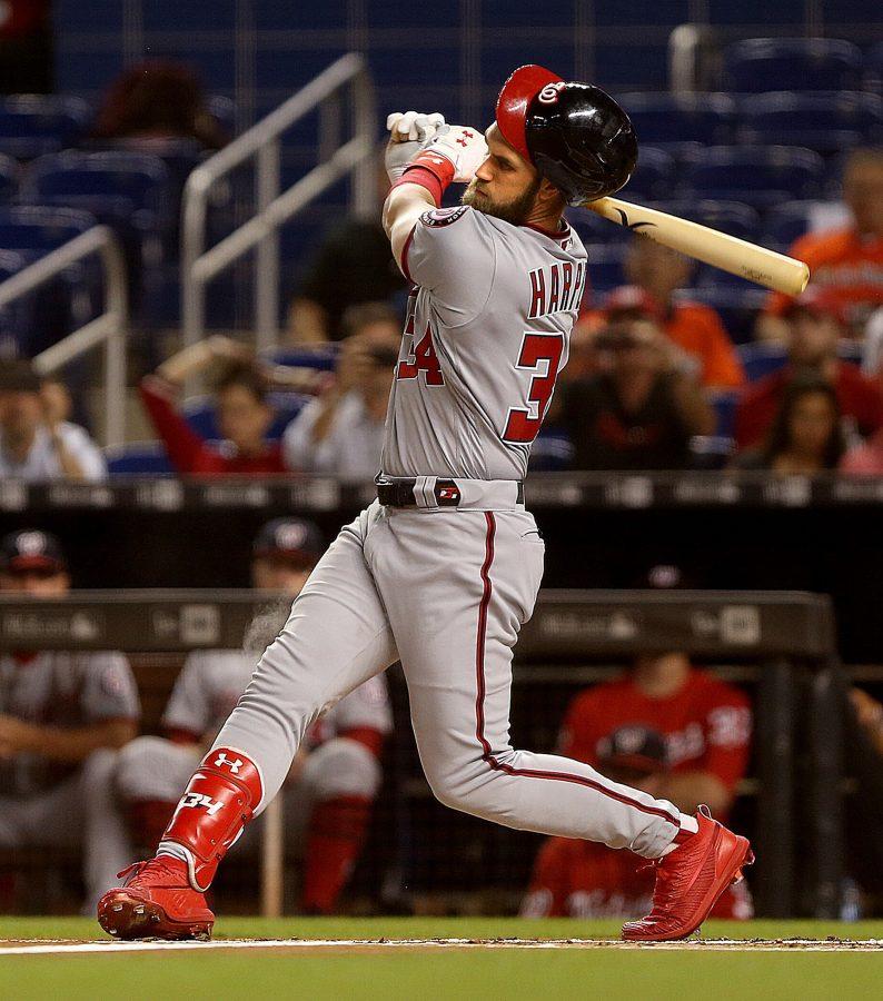 Washington+Nationals+Bryce+Harper+%2834%29+loses+his+helmet+while+batting+in+the+first+inning+against+the+Miami+Marlins+on+Monday%2C+Sept.+17%2C+2018+at+Marlins+Park+in+Miami%2C+Fla.+%28Patrick+Farrell%2FMiami+Herald%2FTNS%29