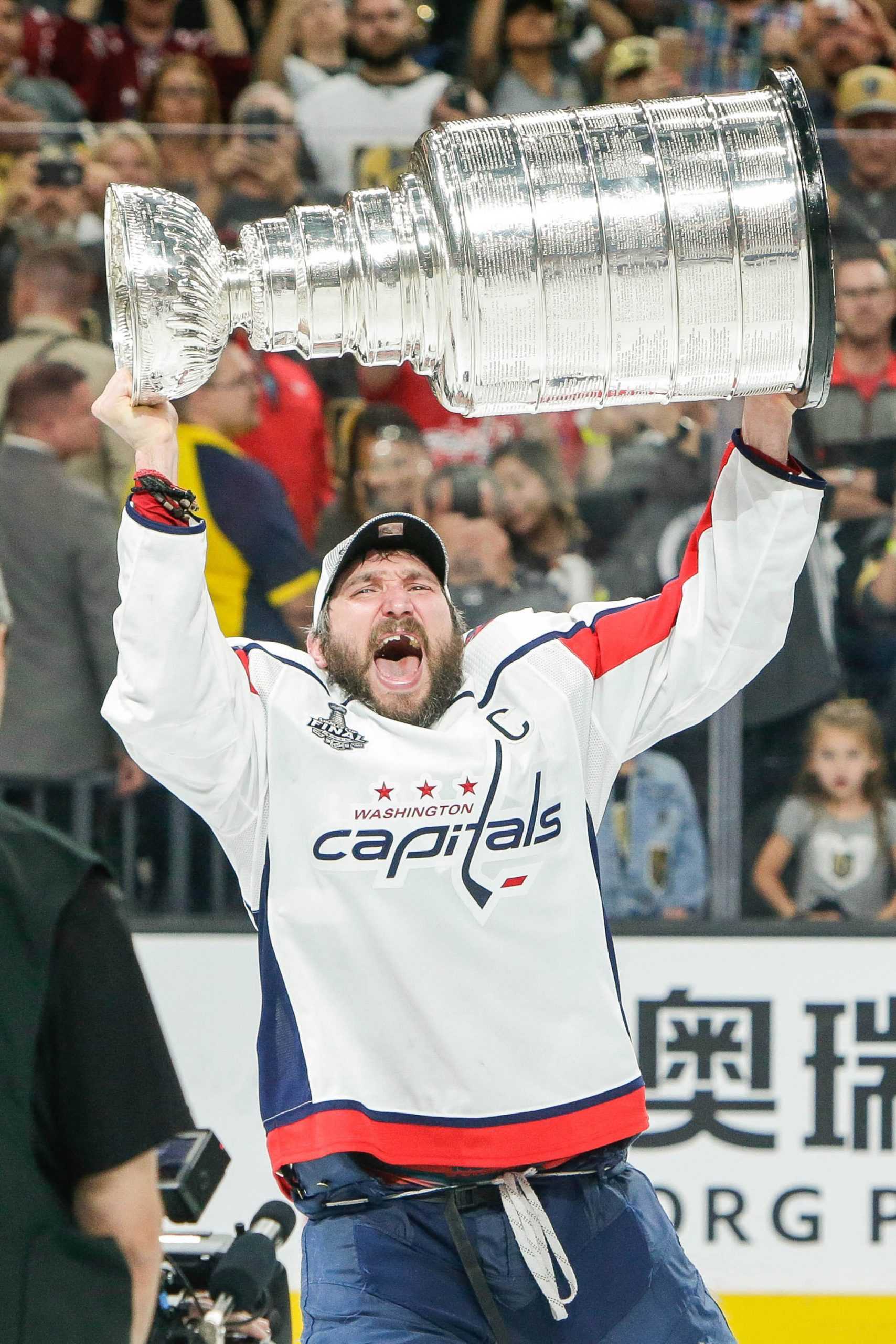 Washington Capitals left wing Alex Ovechkin skates with the Stanley Cup after defeating the Vegas Golden Knights in Game 5 at T-Mobile Arena in Las Vegas on June 7, 2018. (John Crouch/Cal Sport Media/Zuma Press/TNS)