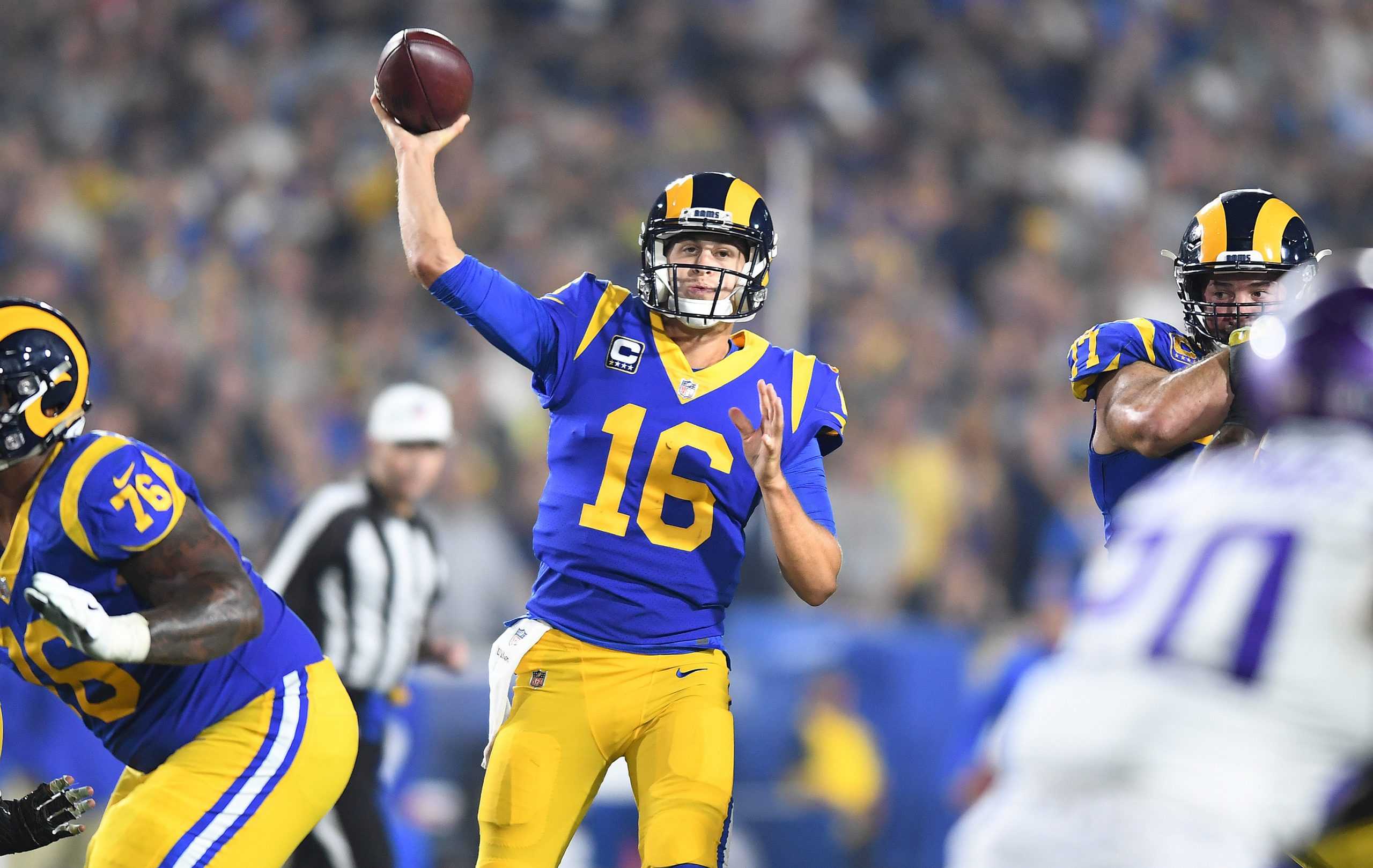 Los Angeles Rams quarterback Jared Goff (16) puts the ball in the air against the Minnesota Vikings in the third quarter at the Los Angeles Memorial Coliseum on Thursday, Sept. 27, 2018. The Rams won, 38-31, with Goff throwing for 465 yards and five touchdowns. (Wally Skalij/Los Angeles Times/TNS)