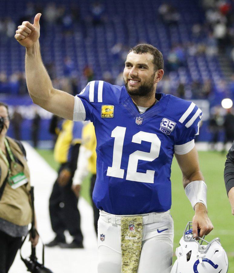 Indianapolis Colts quarterback Andrew Luck (12) celebrates the win against the Indianapolis Colts on Sunday, Nov. 11, 2018 at Lucas Oil Stadium in Indianapolis, Ind. The Indianapolis Colts defeated the Jacksonville Jaguars 29-26. (Sam Riche/TNS)
