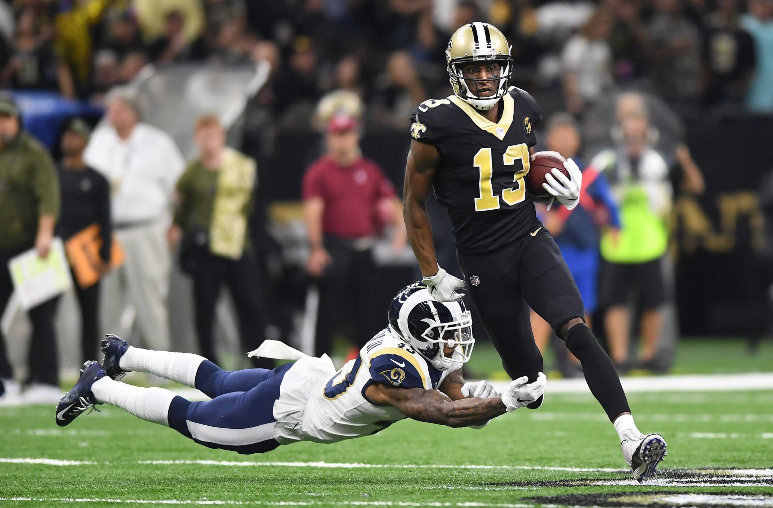 Los Angeles Rams safety John Johnson cant make the tackle on New Orleans Saints receiver Michael Thomas in the second quarter on Sunday, Nov. 4, 2018 at the Mercedes Benz Superdome in New Orleans, La. (Wally Skalij/Los Angeles Times/TNS)
