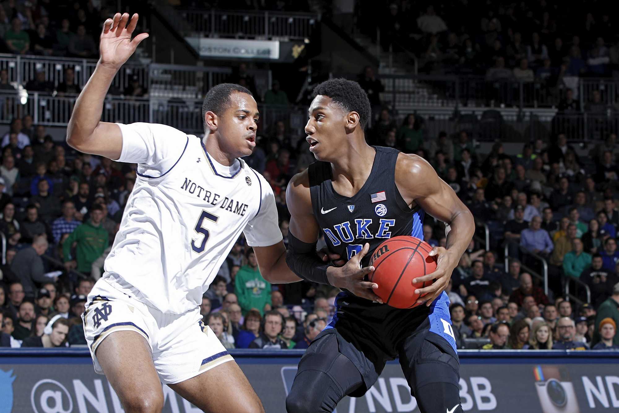 RJ Barrett #5 of the Duke Blue Devils goes to the basket against D.J. Harvey #5 of the Notre Dame Fighting Irish in the second half of the game at Purcell Pavilion on Jan. 28, 2019 in South Bend, Ind. Duke won 83-61. (Joe Robbins/Getty Images/TNS)