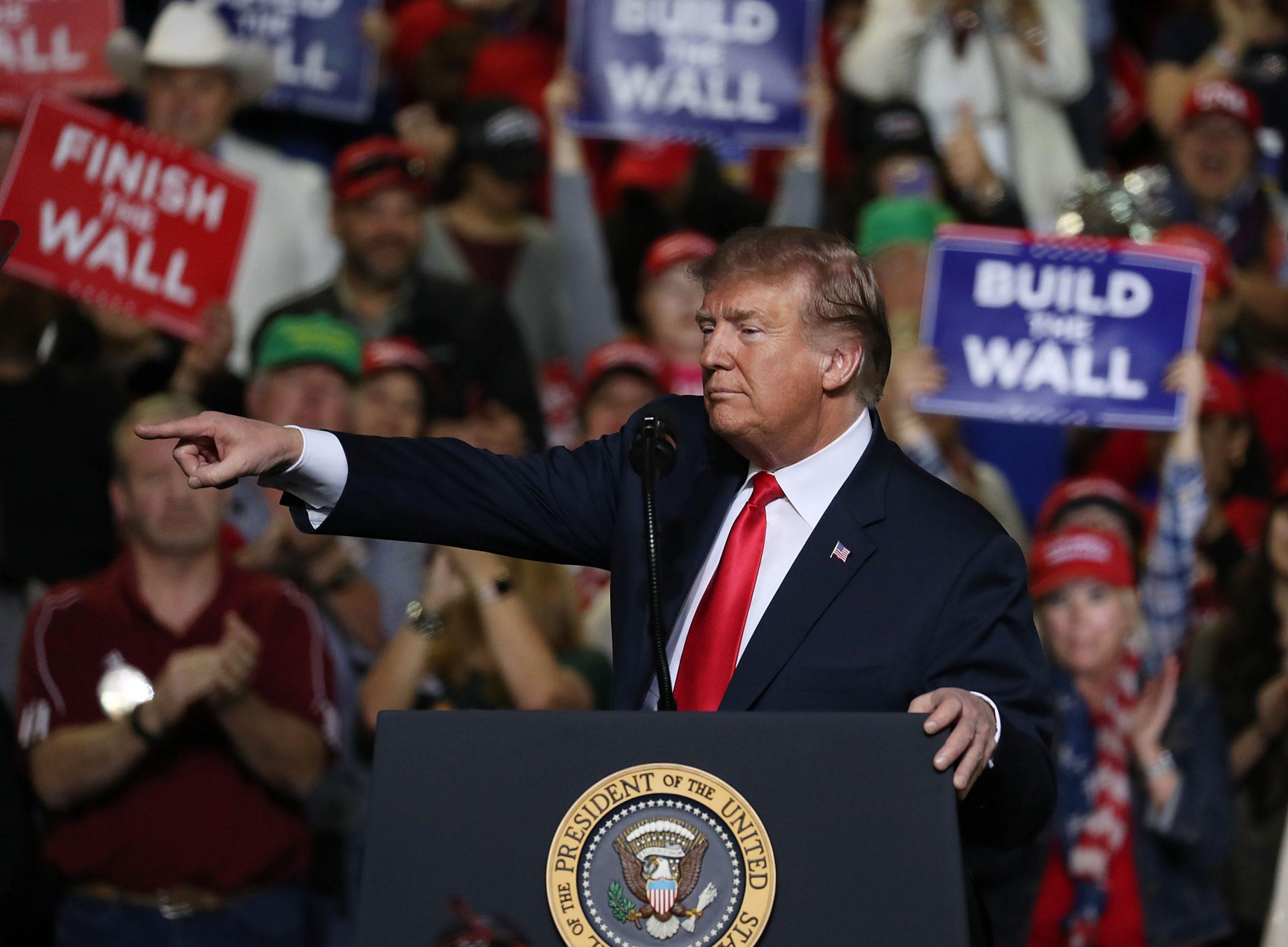 U.S. President Donald Trump speaks during a rally at the  El Paso County Coliseum on Feb. 11, 2019 in El Paso, Texas. Trump continues his campaign for a wall to be built along the border as the Democrats in Congress are asking for other border security measures. (Joe Raedle/Getty Images/TNS)