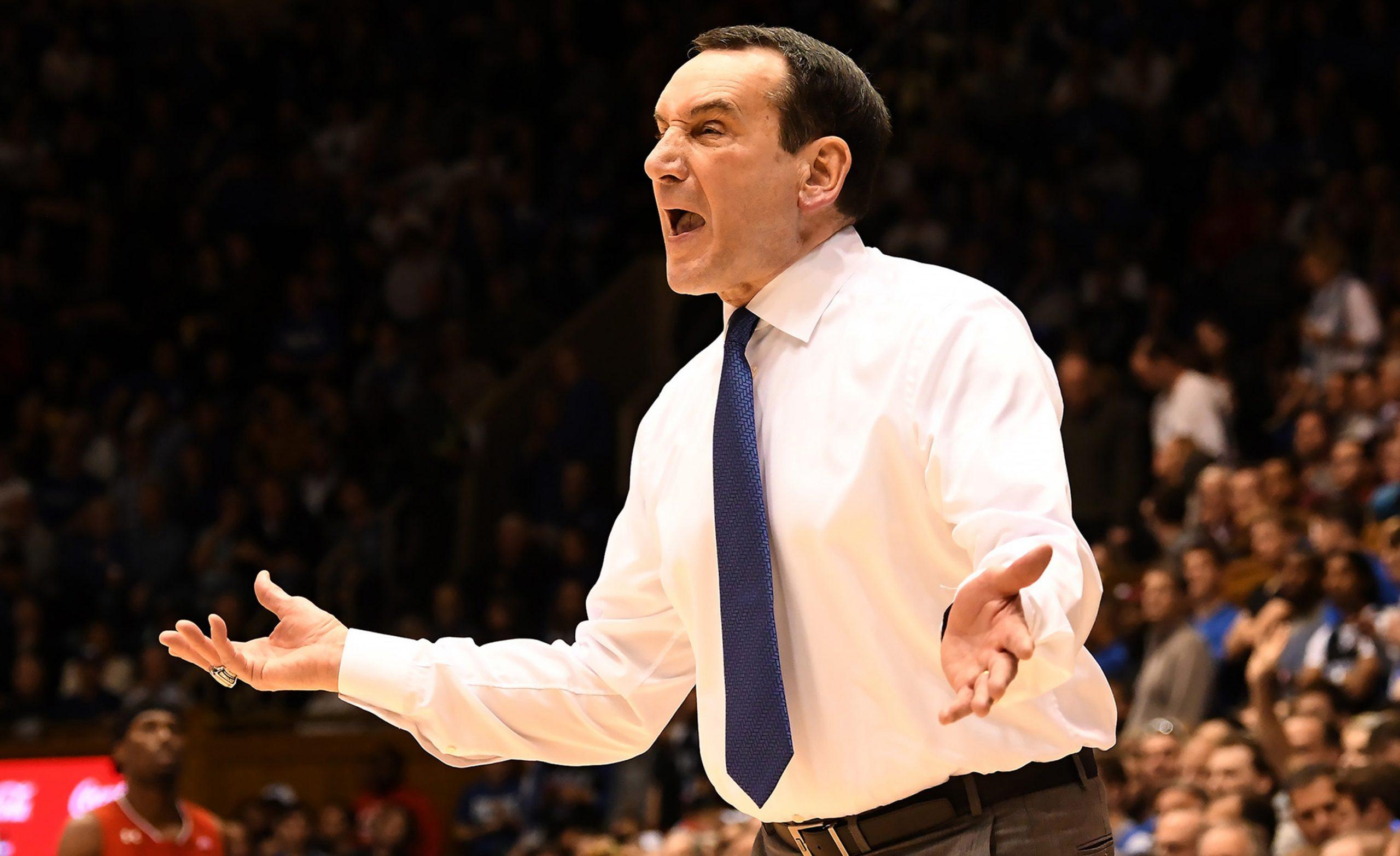 In a file image, Duke head coach Mike Krzyzewski questions a call in the second half of play against St. Johns at Cameron Indoor Stadium in Durham, N.C., on Saturday, Feb. 2, 2019. Duke fell to Virginia Tech 77-72 on Tuesday. (Chuck Liddy/Raleigh News & Observer/TNS)