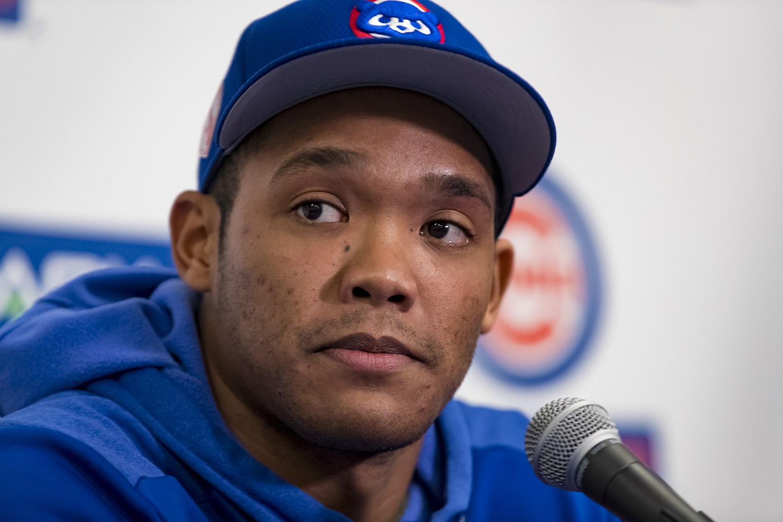 Chicago Cubs shortstop Addison Russell addresses the media about his suspension for domestic violence Friday, Feb. 15, 2019 during spring training in Mesa, Ariz. (Brian Cassella/Chicago Tribune/TNS)