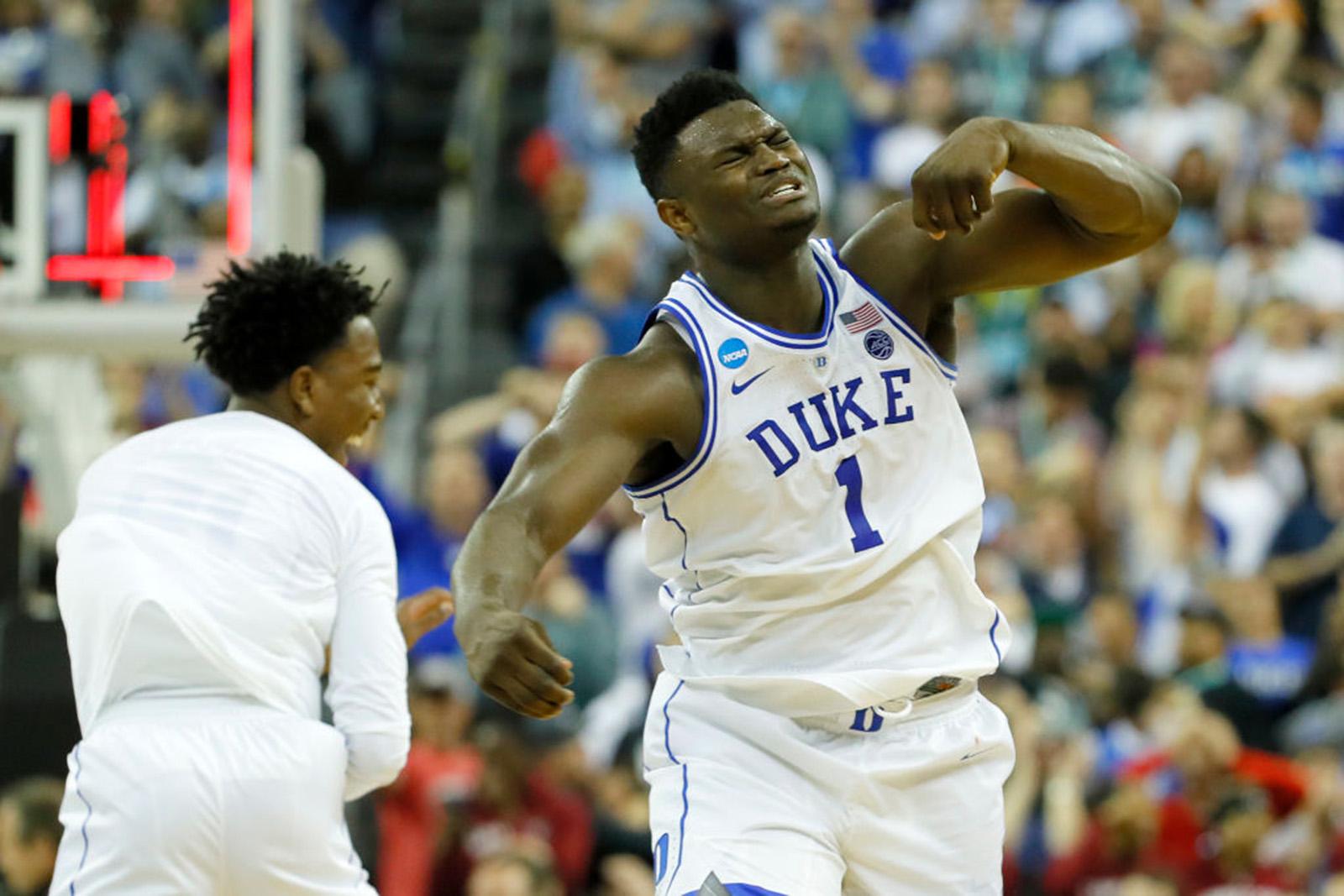 COLUMBIA, SOUTH CAROLINA - MARCH 24: Zion Williamson #1 of the Duke Blue Devils celebrates with his teammates after defeating the UCF Knights in the second round game of the 2019 NCAA Mens Basketball Tournament at Colonial Life Arena on March 24, 2019 in Columbia, South Carolina. (Kevin C.  Cox/Getty Images/TNS) *FOR USE WITH THIS STORY ONLY*
