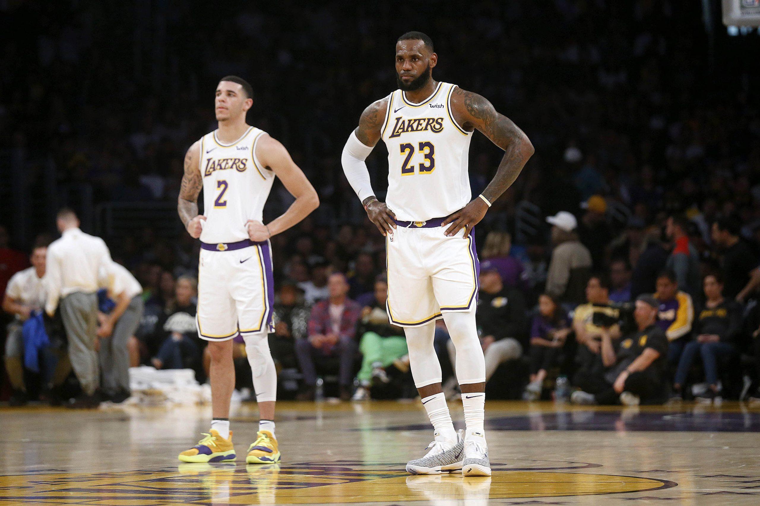 Los Angeles Lakers guard Lonzo Ball (2) and Los Angeles Lakers forward LeBron James (23) during a game against the Orlando Magic on Sunday, Nov. 25, 2018 at the Staples Center in Los Angeles. (Gary Coronado /Los Angeles Times/TNS)