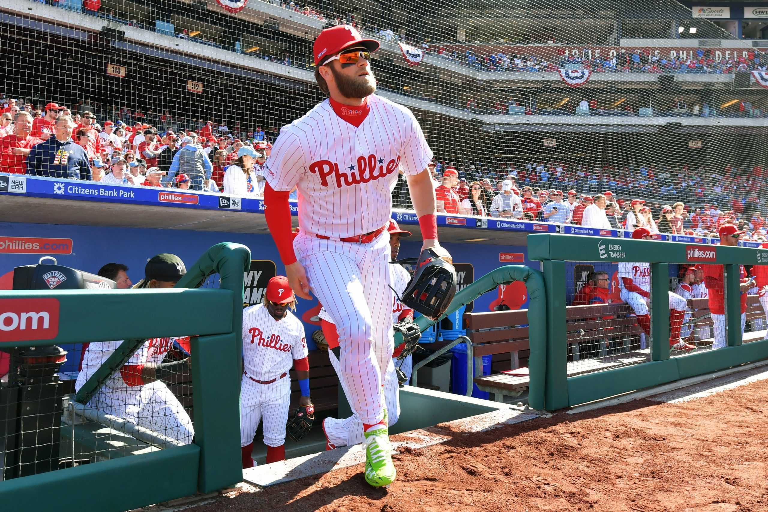 Bryce Harper #3 of the Philadelphia Phillies runs onto the field before the game against the Atlanta Braves on Opening Day at Citizens Bank Park on March 28, 2019 in Philadelphia, Pennsylvania. (Drew Hallowell/Getty Images/TNS)
