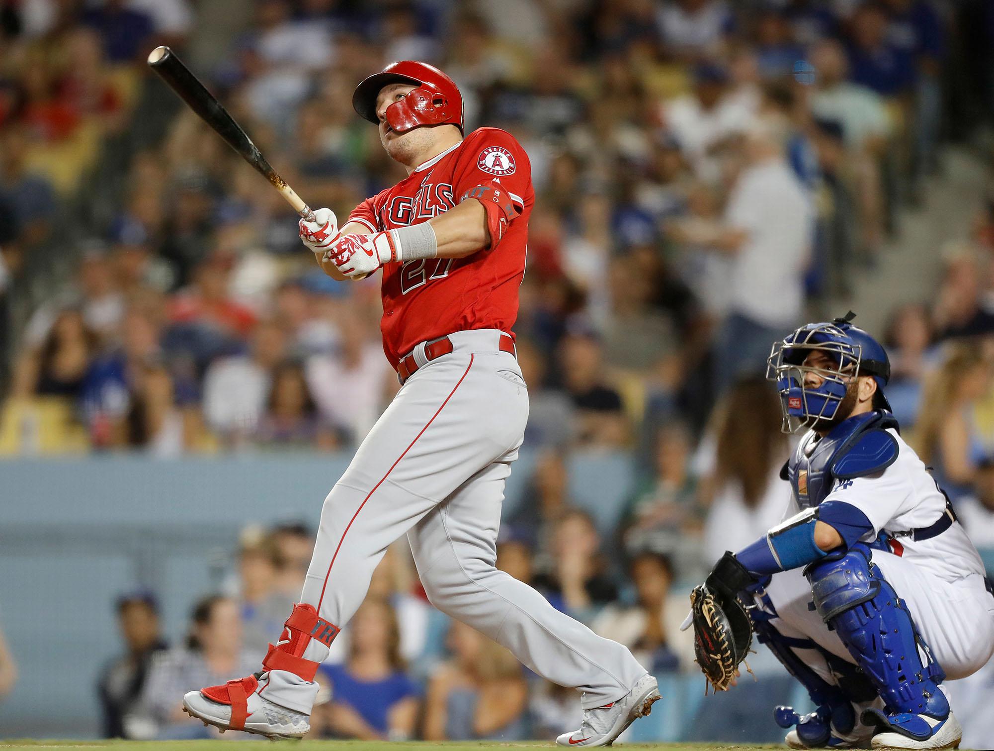 The Los Angeles Angels Mike Trout hits a solo home run against the Los Angeles Dodgers in the fifth inning on Tuesday, July 23, 2019, at Dodger Stadium in Los Angeles. (Luis Sinco/Los Angeles Times/TNS)