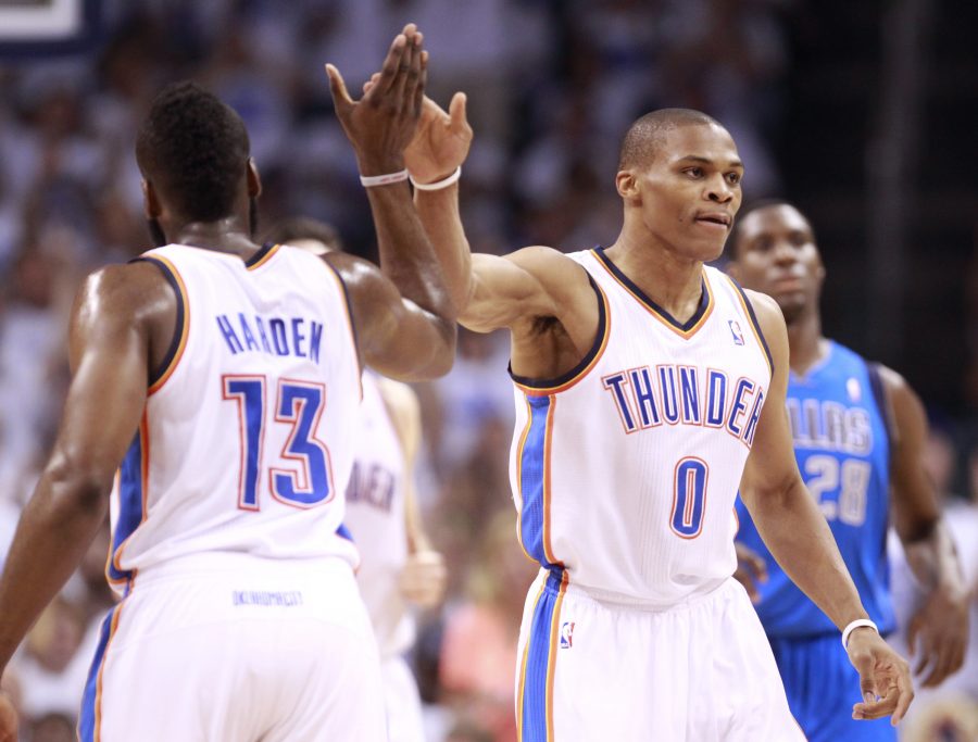 Oklahoma+City+Thunder+guard+James+Harden+%2813%29+Thunder+point+guard+Russell+Westbrook+%280%29+celebrate+a+three-point+shot+as+Dallas+Mavericks+center+Ian+Mahinmi+%2828%29+looks+on%2C+during+the+first+half+of+Game+2+of+the+NBA+Western+Conference+Quarterfinals+at+Chesapeake+Energy+Arena+in+Oklahoma+City%2C+Oklahoma%2C+Monday%2C+April+30%2C+2012.+%28Ron+Jenkins%2FFort+Worth+Star-Telegram%2FMCT%29