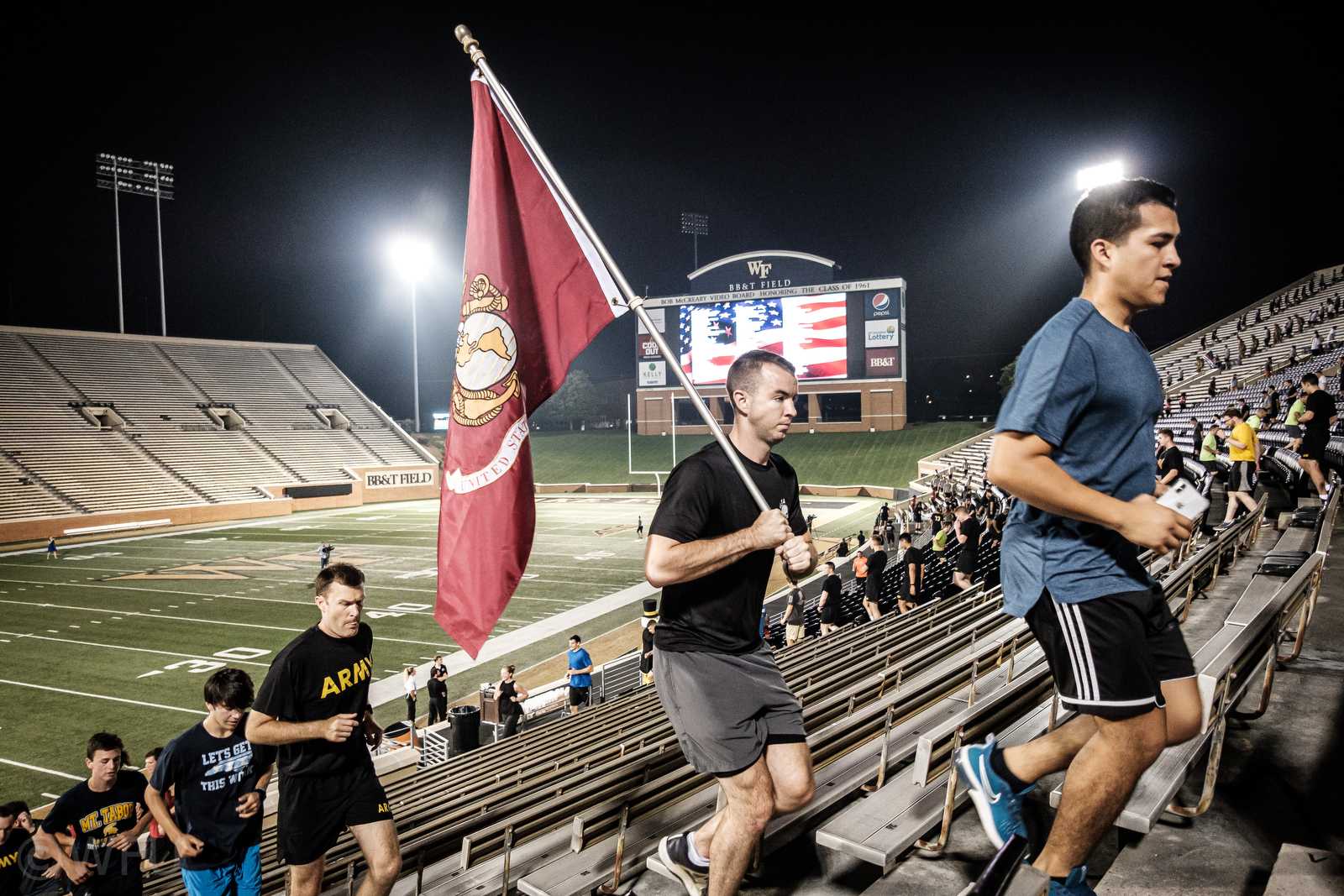 Wake Forest hosts a memorial stair climb to honor the anniversay of 9/11 at BB&T Field on Wednesday, September 11, 2019. Members of the joint ROTC program with Salem College and Winston-Salem State University join local first responders, athletic teams, and local citizens to climb 2996 stairs in honor of the victims.