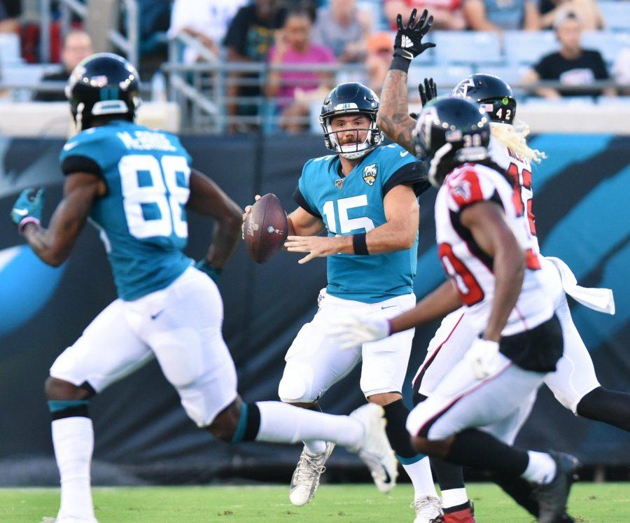 Jaguars quarterback #15, Gardner Minshew II looks to receiver #88, Tre McBride on what turned into an incomplete pass attempt during first quarter action. The Jacksonville Jaguars hosted the Atlanta Falcons at TIAA Bank Field in Jacksonville, FL Thursday, August 29, 2019 for the final preseason game before the start of the regular season. [Bob Self/Florida Times-Union]