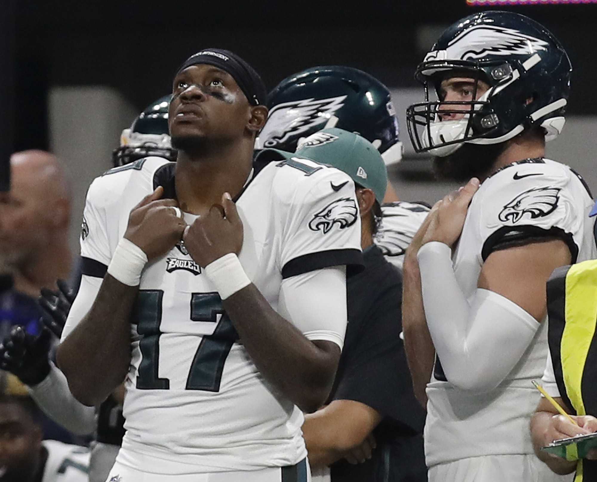 Philadelphia Eagles wide receiver Alshon Jeffery (17), sidelined with a calf injury, follows the action against the Atlanta Falcons on September 15, 2019, in Atlanta. (Yong Kim/The Philadelphia Inquirer/TNS)
