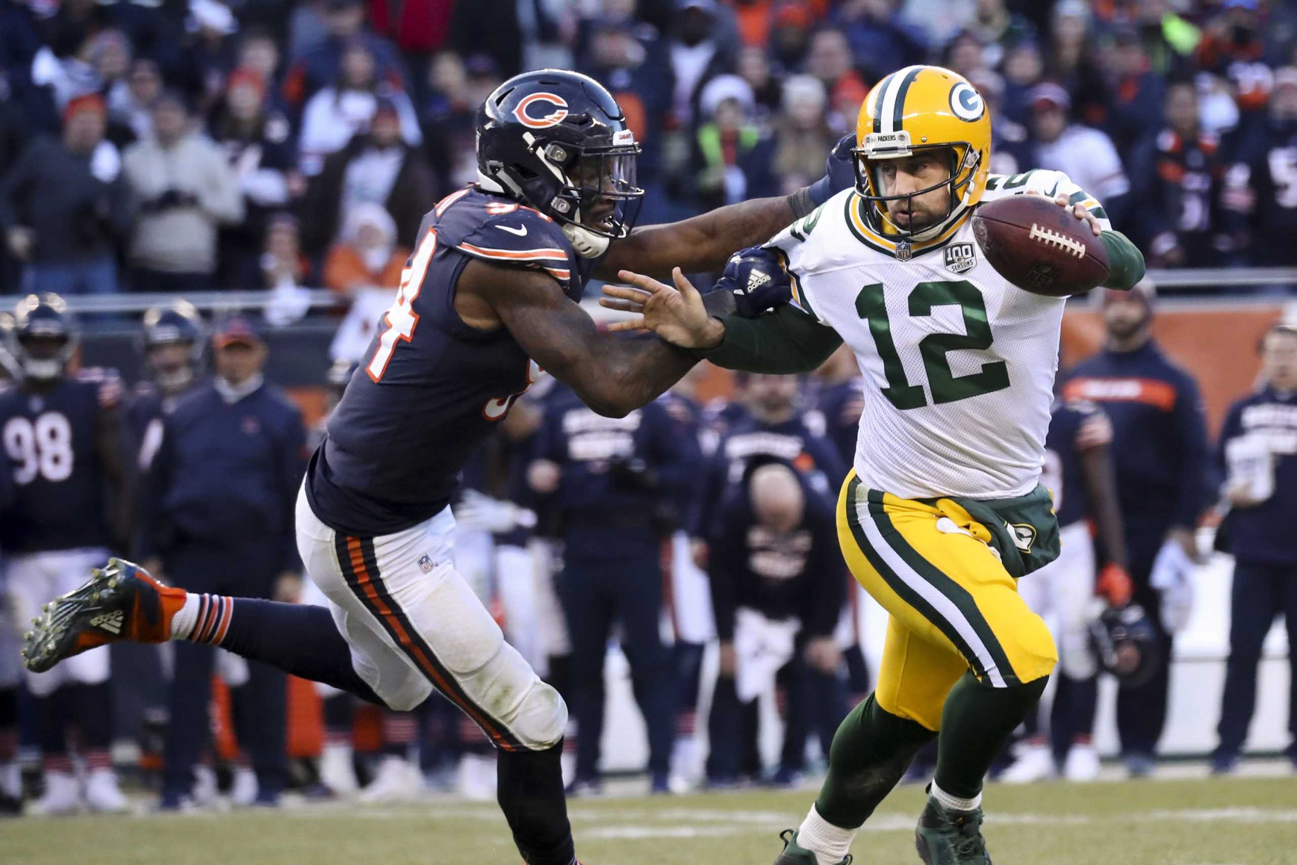 Chicago Bears outside linebacker Leonard Floyd (94) sacks Green Bay Packers quarterback Aaron Rodgers (12) near the end of the second half on Sunday, Dec. 16, 2018 at Soldier Field in Chicago. (Armando L. Sanchez/Chicago Tribune/TNS)