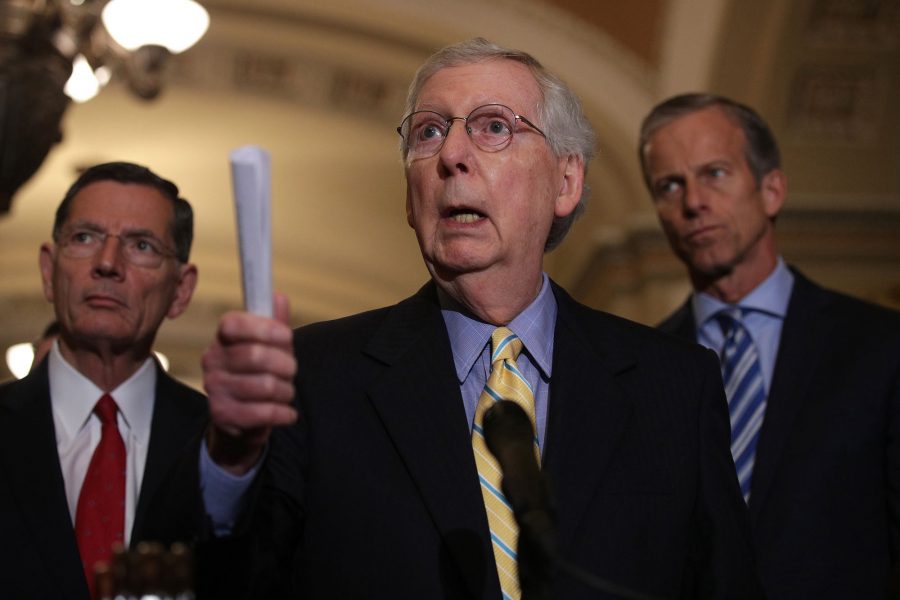 Sen. Mitch McConnell (R-Ky.) speaks at the U.S. Capitol on June 11, 2019, in Washington, D.C. At least 10 judicial nominees McConnell helped to block under President Obama have been confirmed after Donald Trumps election. (Alex Wong/Getty Images/TNS) **FOR USE WITH THIS STORY ONLY**