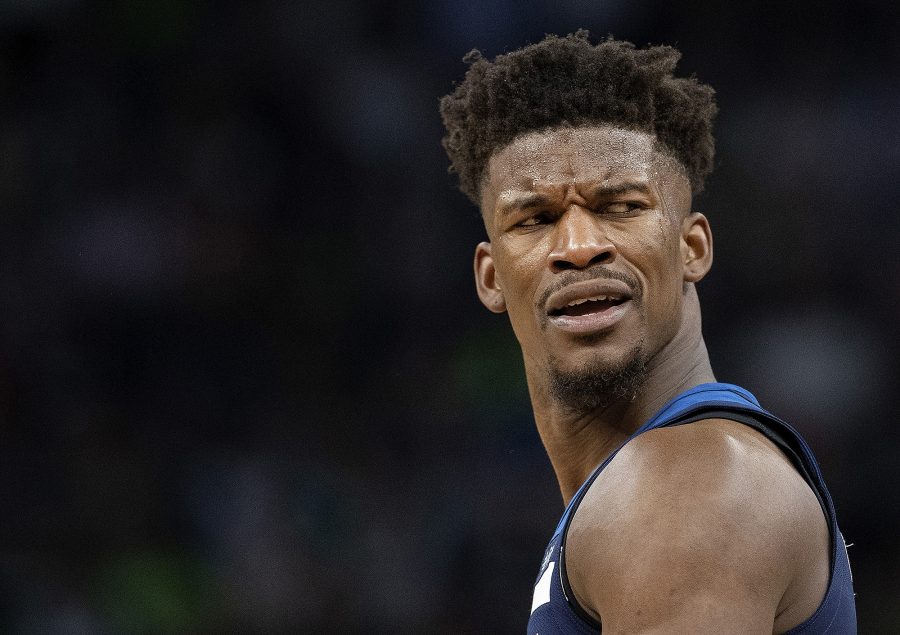 The Minnesota Timberwolves Jimmy Butler reacts to an officials call during a playoff game against the Houston Rockets on April 23, 2018, at the Target Center in Minneapolis. (Carlos Gonzalez/Minneapolis Star Tribune/TNS)