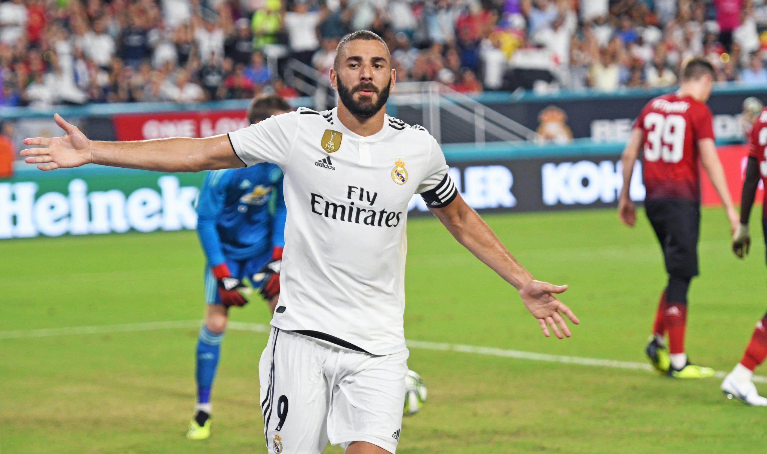 Karim Mostafa Benzema of Real Madrid celebrates a goal past David de Gea of Manchester United in the first half during International Champions Cup action at Hard Rock Stadium in Miami Gardens, Fla., on Tuesday, July 31, 2018. Manchester United won, 2-1. (Jim Rassol/Sun Sentinel/TNS)