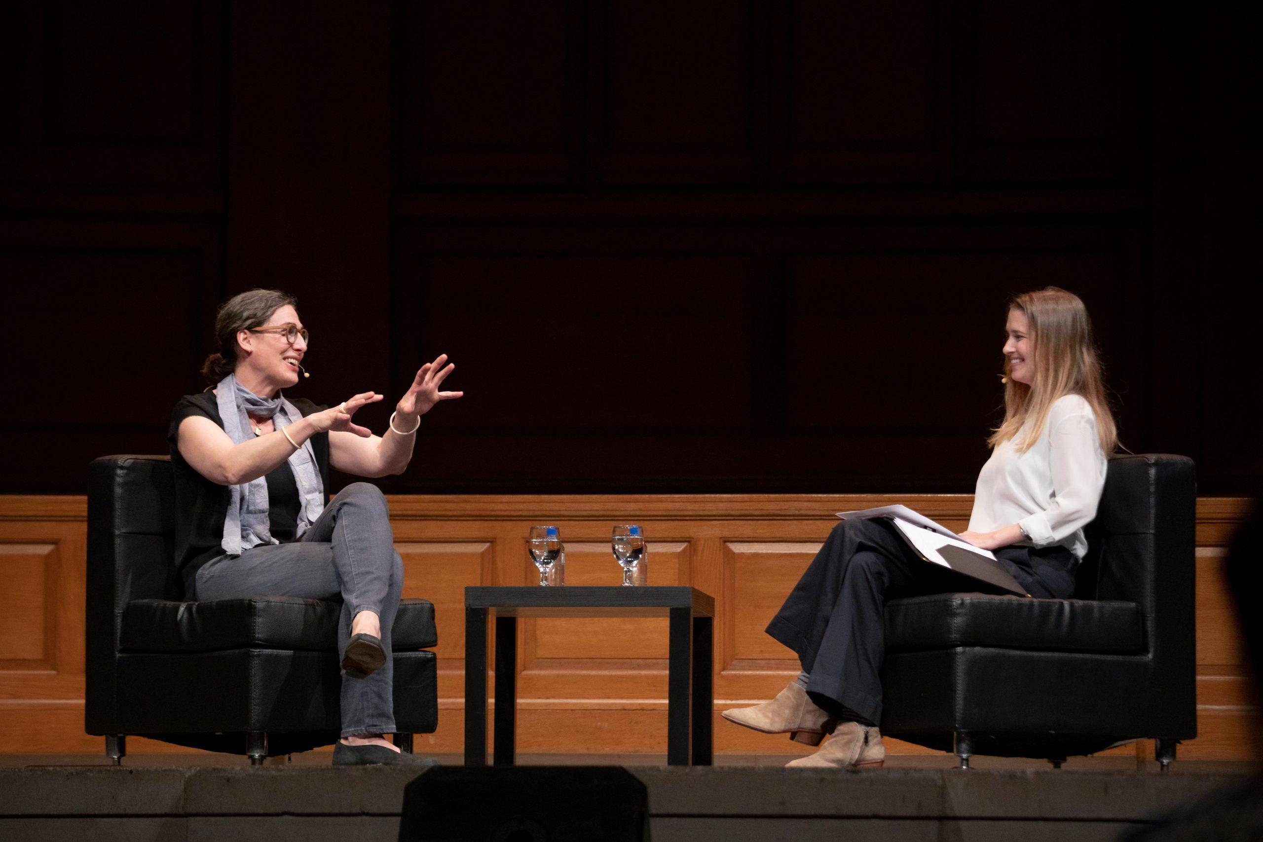 Journalist Sarah Koenig, the producer of the podcast Serial and a former producer of This American Life, speaks at Wake Forest University on Monday, November 4, 2019. WFDD assistant news director Bethany Chafin talks with Koenig.