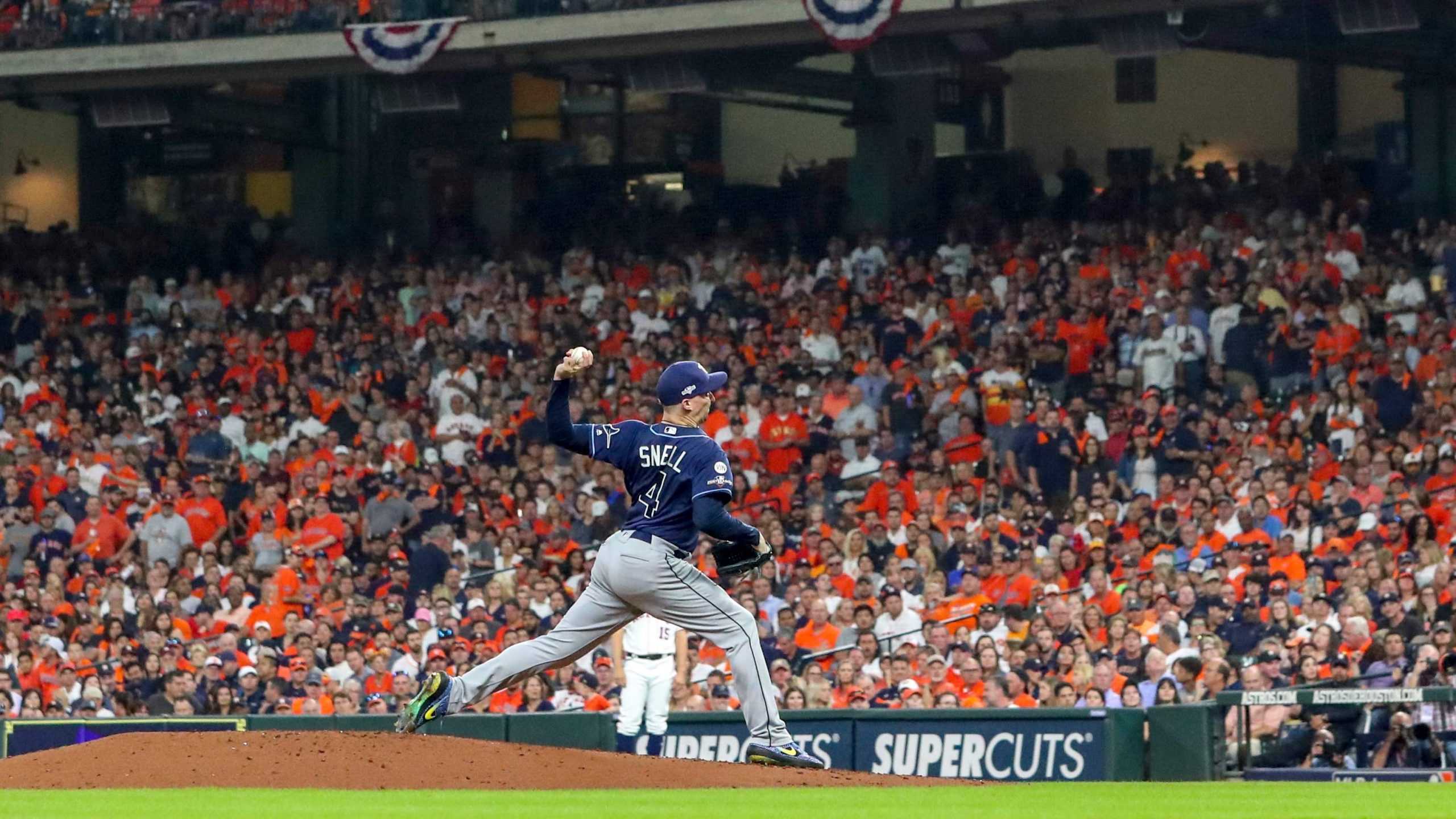 Tampa Bay Rays starting pitcher Blake Snell  delivers a pitch in the fourth inning against the Houston Astros in Game 5 of the American League Division Series on Oct. 10 in Houston. DIRK SHADD  |  Times