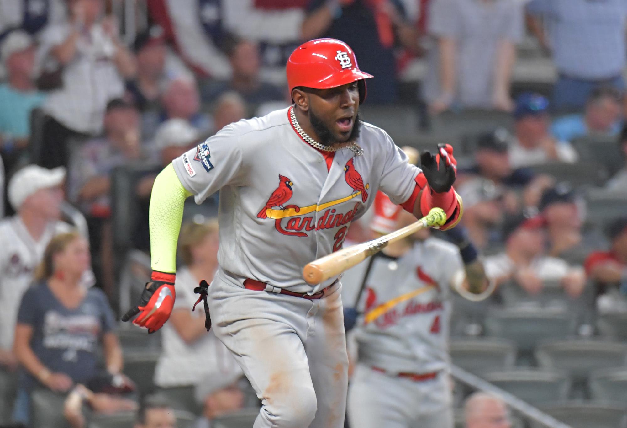 The St. Louis Cardinals Marcell Ozuna hits a two-run single in the ninth inning against the Atlanta Braves during Game 1 of the National League Division Series at SunTrust Park in Atlanta on Thursday, Oct. 3, 2019. St. Louis won, 7-6. (Hyosub Shin/Atlanta Journal-Constitution/TNS)