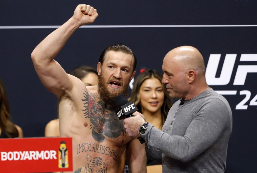 Welterweight fighter Conor McGregor is interviewed by UFCs Joe Rogan during a ceremonial weigh-in for UFC 246 at Park Theater at Park MGM on January 17, 2020, in Las Vegas. McGregor will face Donald Cerrone on January 18 in Las Vegas. (Steve Marcus/Getty Images/TNS)