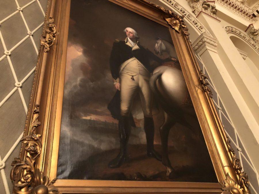 This large painting displayed at Mechanics Hall in Worcester is a copy of a painting done by artist Gilbert Stuart that hangs in Faneuil Hall in Boston. It is known by some as the Washington horse photo because of the prominent display of the horse’s backside. [T&G Staff/George Barnes]