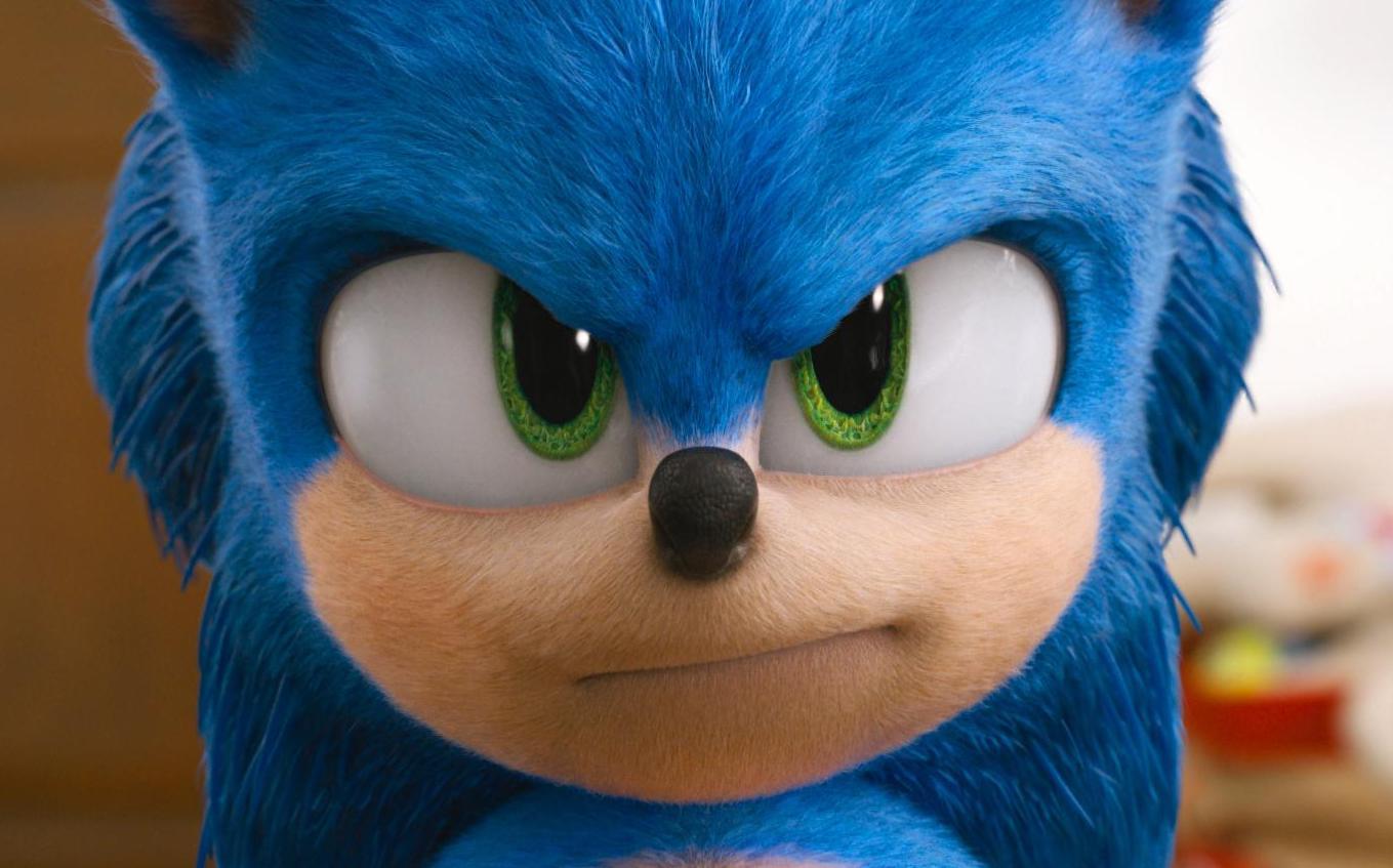 Sonic, voiced by Ben Schwartz, in a  scene from "Sonic the Hedgehog ."