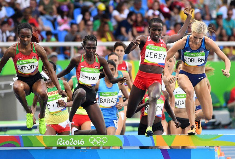 Bruneis Ruth Jebet, second from right, leads the pack, including U.S. bronze medalist Emma Coburn, right, and silver medalist Hyvin Kiyeng Jepkemoi of Kenya in the 3,000-meter steeplechase on Monday, Aug. 15, 2016 at the Rio 2016 Olympics in Brazil. (Wally Skalij/Los Angeles Times/TNS)
