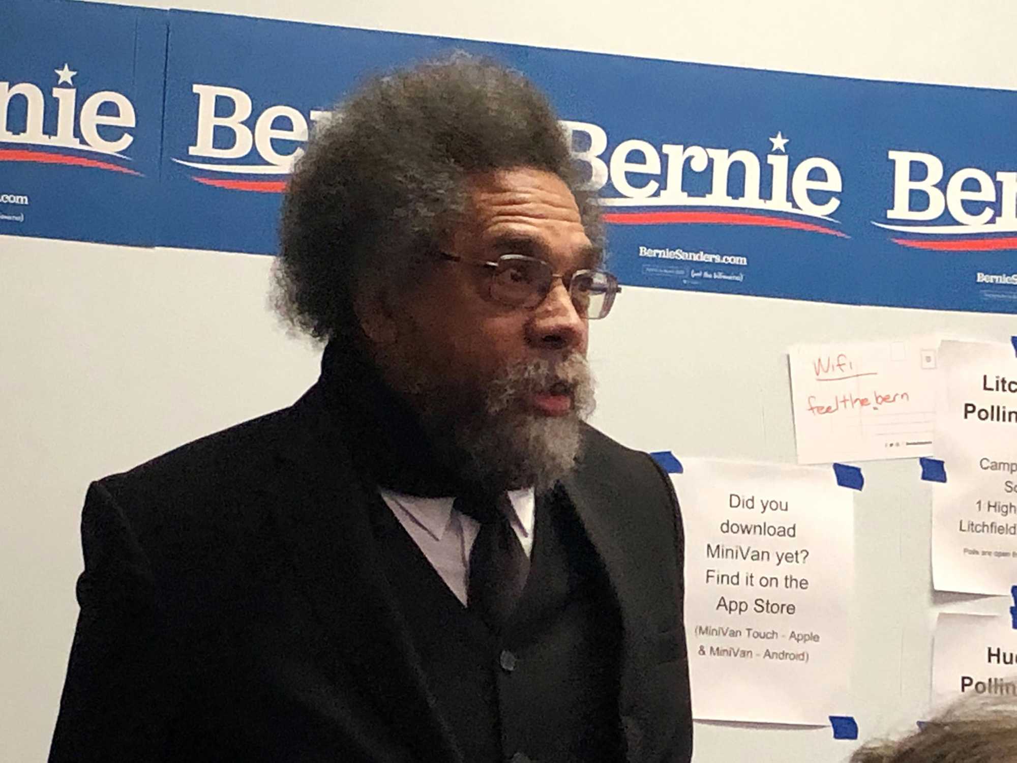 Bernie Sanders campaign co-chair and longtime racial justice scholar Cornel West shows up at the Nashua, N.H., area Sanders field office where some 50 volunteers were preparing to go knock on doors. He launched into a riff that zagged from motivational to angry to defiant in the space of 12 minutes. It was the first of several such stops he would make on February 11, 2020. (Evan Halper/Los Angeles Times/TNS)
