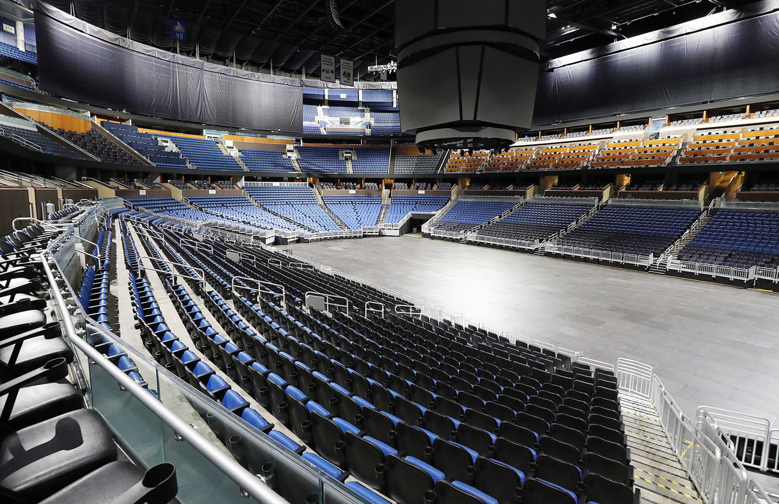 The seats are empty at the Amway Center in Orlando, home of the NBAs Orlando Magic, on Thursday, March 12, 2020. The NBA has suspended the season due to the coronavirus -- as have other sports. (Stephen M. Dowell/Orlando Sentinel/TNS)