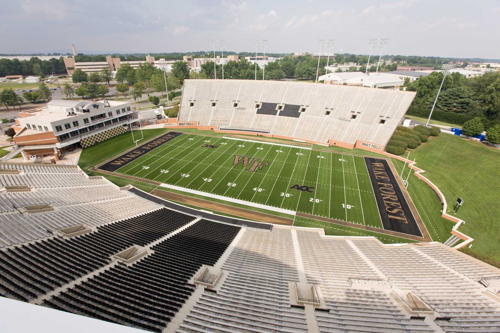 Construction work continues at Deacon Tower, the Wake Forest University football facility at BB&T Field, on Tuesday, July 29, 2008.  A view of the stadium from the roof level.