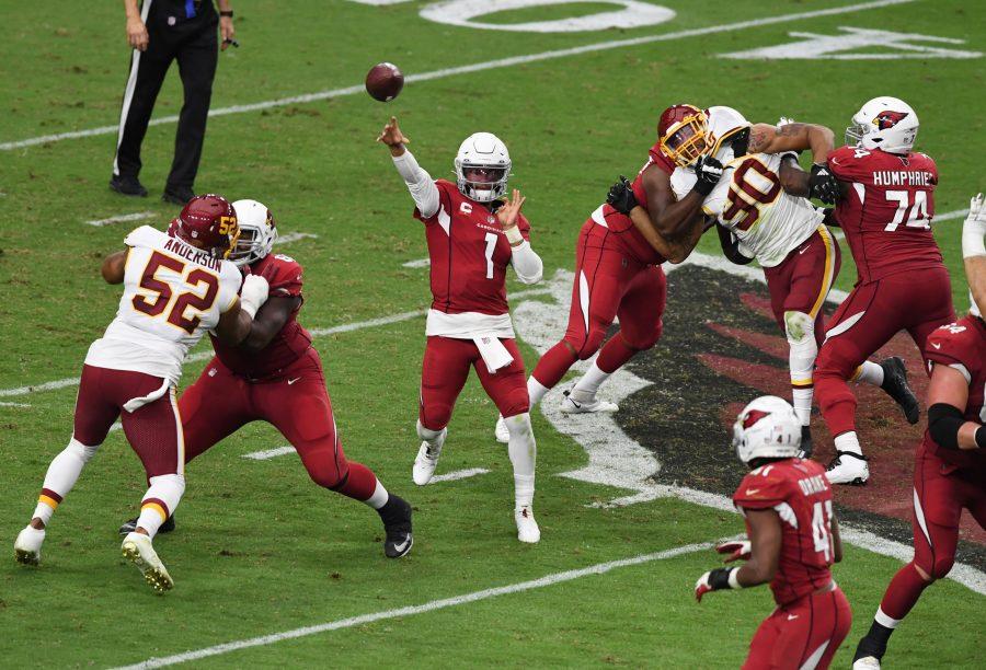 Kyler Murray #1 of the Arizona Cardinals throws the ball down field against the Washington Football Team during the fourth quarter at State Farm Stadium on Sept. 20, 2020 in Glendale, Arizona. Cardinals won 30-15. (Norm Hall/Getty Images/TNS)