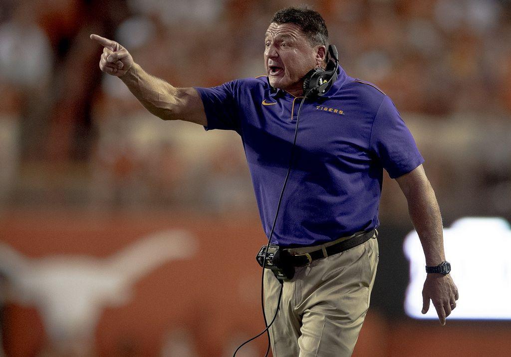 LSU head coach Ed Orgeron shouts to his players during an NCAA football game against Texas on Saturday, Sept. 7, 2019, in Austin, Texas. (Nick Wagner/Austin American-Statesman/TNS)