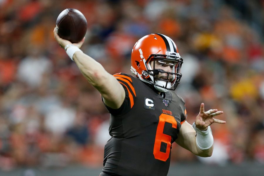 Baker+Mayfield+%236+of+the+Cleveland+Browns+throws+a+pass+during+the+third+quarter+of+the+game+against+the+Los+Angeles+Rams+at+FirstEnergy+Stadium+on+Sept.+22%2C+2019+in+Cleveland%2C+Ohio.+%28Kirk+Irwin%2FGetty+Images%2FTNS%29