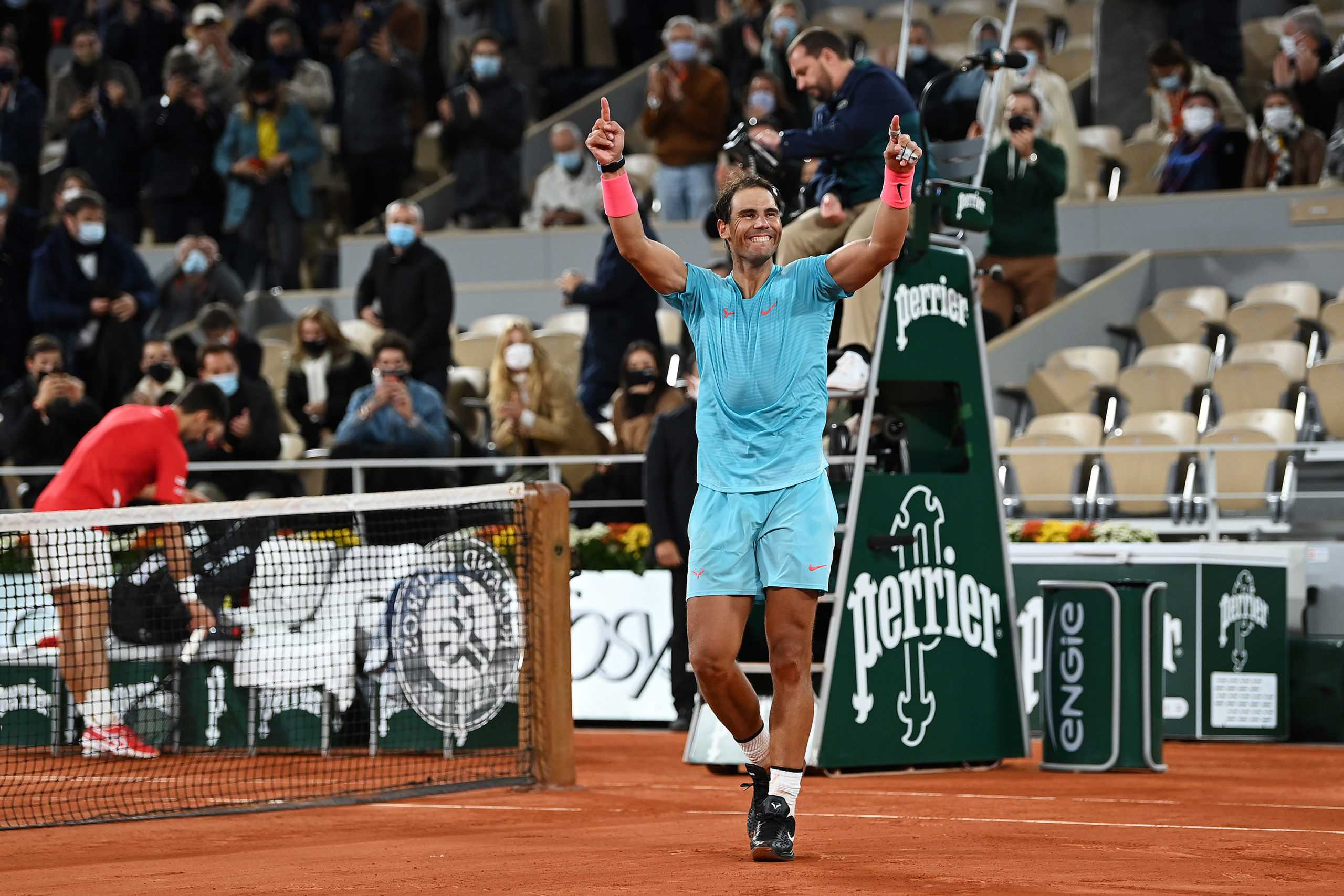Rafael Nadal of Spain celebrates after winning championship point during his Mens Singles Final against Novak Djokovic of Serbia on day 15 of the 2020 French Open at Roland Garros on Sunday, Oct. 11, 2020 in Paris, France. (Shaun Botterill/Getty Images/TNS)