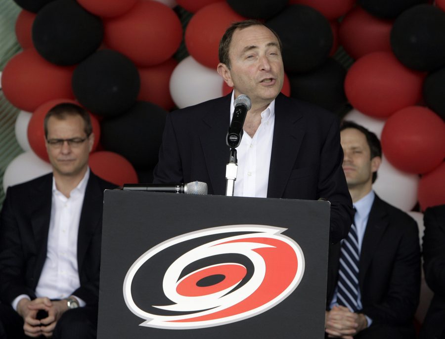 NHL+Commissioner+Gary+Bettman%2C+center%2C+announces+that+the+NHL+All-Star+game+will+be+played+in+Raleigh%2C+North+Carolina+in+2011+during+a+press+conference+held+outside+of+the+RBC+Center+on+Thursday%2C+April+8%2C+2010.+%28Chris+Seward%2FRaleigh+News+%26amp%3B+Observer%2FMCT%29