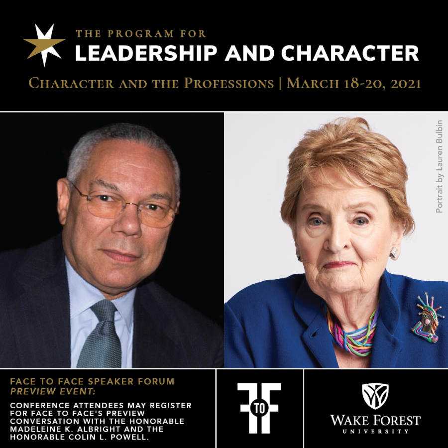 Former Secretaries of State Colin Powell (who served under George W. Bush) and Madeline Albright (who served under Bill Clinton) will speak about bipartisanship in this polarized era.