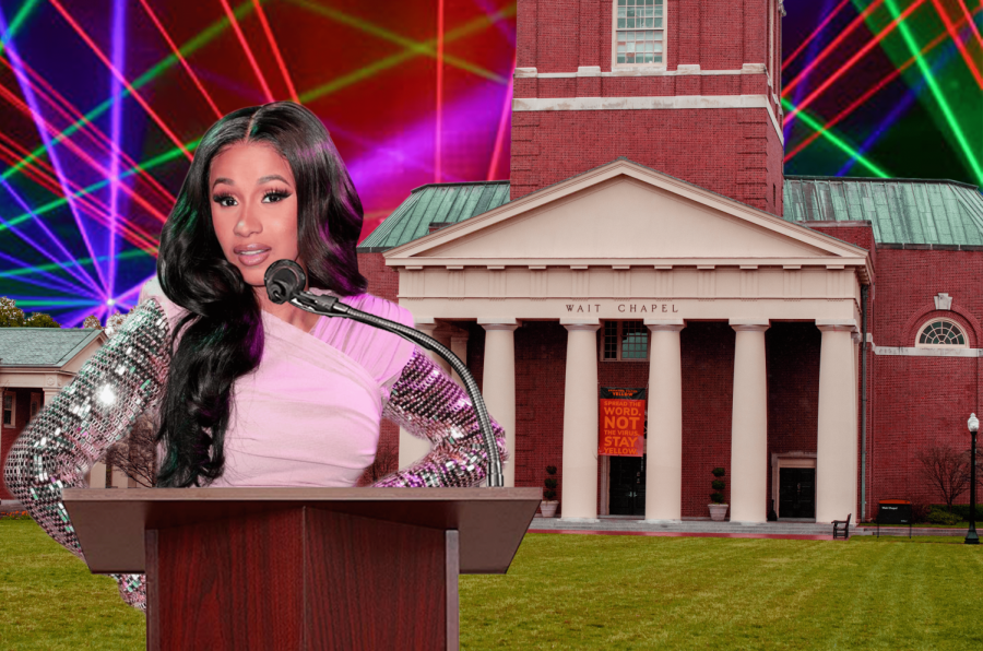Pop and R&B star Cardi B. pays a visit to Wake Forest’s campus. Where does she choose to stop first? None other than Wait Chapel. The strobe lights behind the chapel were put there especially for her.