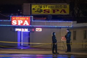 Atlanta police officers and detectives arrive at the Aromatherapy Spa and Gold Spa in Atlanta, one of the three spas targeted on shootings of Tuesday, March 16, 2021.