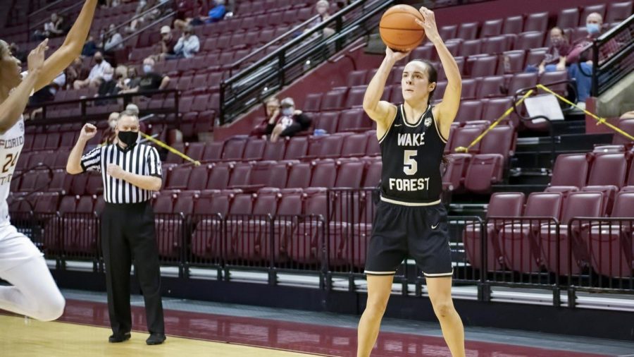Guard Gina Conti shooting a three-point jumper against Florida State.