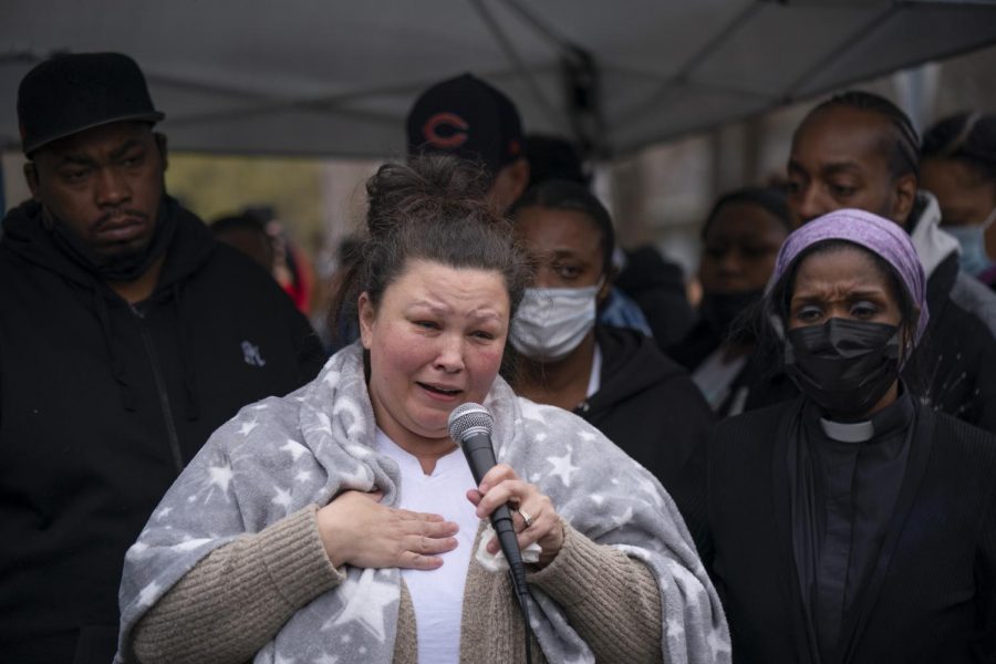 Katie Wright speaks at the vigil for her son, Daunte Wright. Daunte Wright was fatally shot at a traffic stop by a Minnesota police officer, Kim Potter, on April 11.