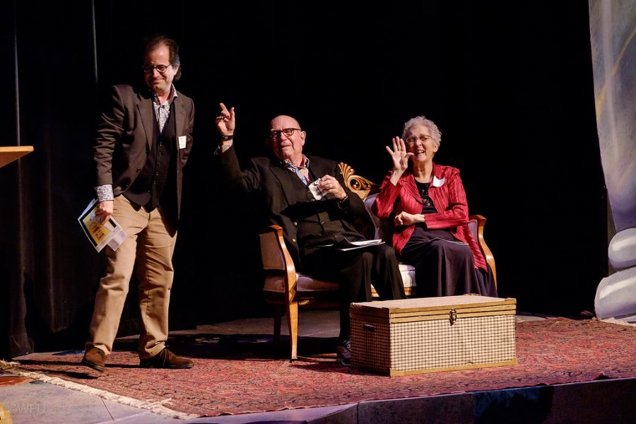 Professor Emeritus Harold Tedford poses on the stage in Scales Fine Arts Center that now bears his name. The beloved theatre professor passed away on Oct. 20.