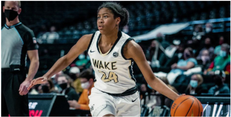 Sophomore guard Jewel Spear scans the court for passing options. She led the Demon Deacons in both losses with 16 and 22 points.