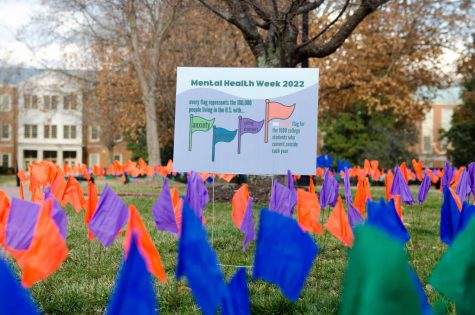 Green, blue, purple and orange flags line Tribble Courtyard in lieu of Mental Health Week,
representing the various mental health issues faced by those living in the United States.